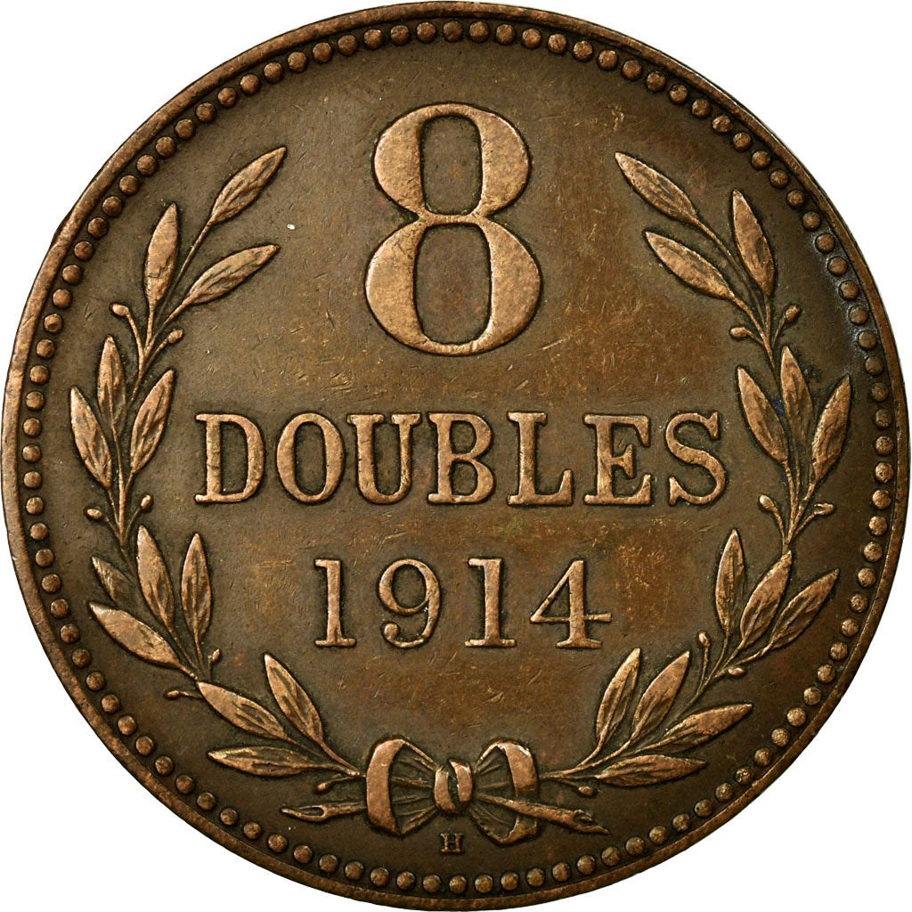 Coin, Guernsey, 8 Doubles, 1914, Heaton, Birmingham, AU(55-58), Bronze, KM:14
