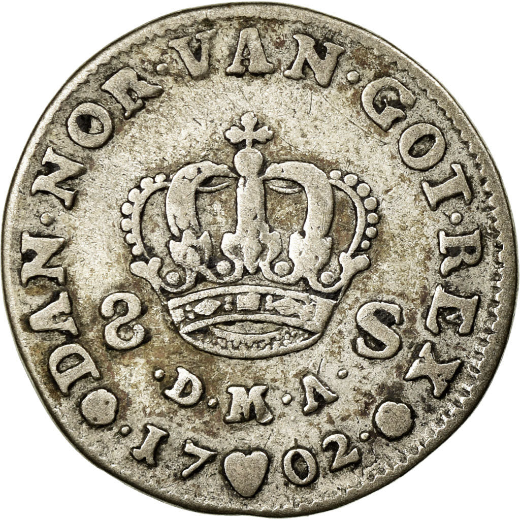 Monnaie, Norvège, 8 Skilling, 1/2 Mark, 1702, Kongsberg, TB+, Argent, KM:209