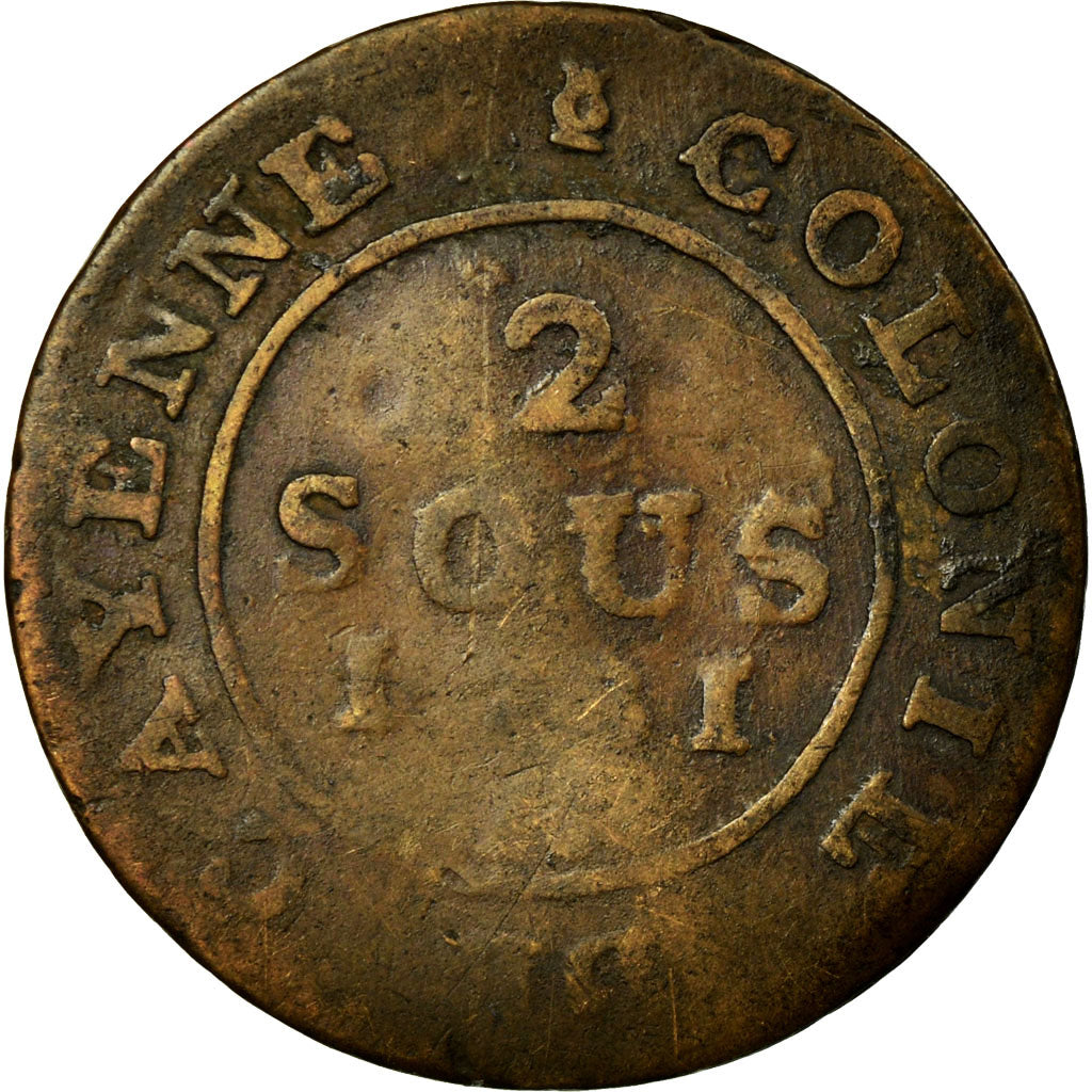 Moeda, GUIANA FRANCESA, 2 Sous, 1781, Paris, F(12-15), Lingote, KM:1