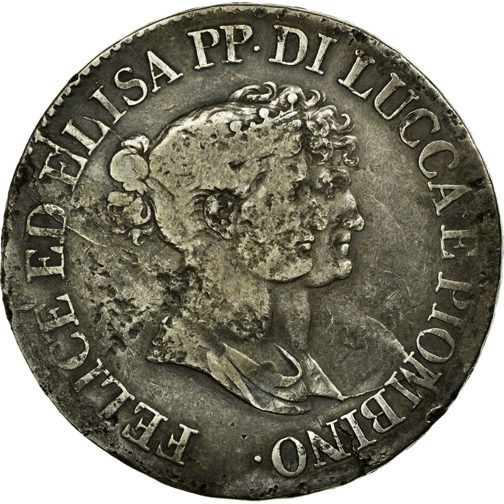 Moneta, STATI ITALIANI, LUCCA, Felix and Elisa, 5 Franchi, 1808, Firenze, B+