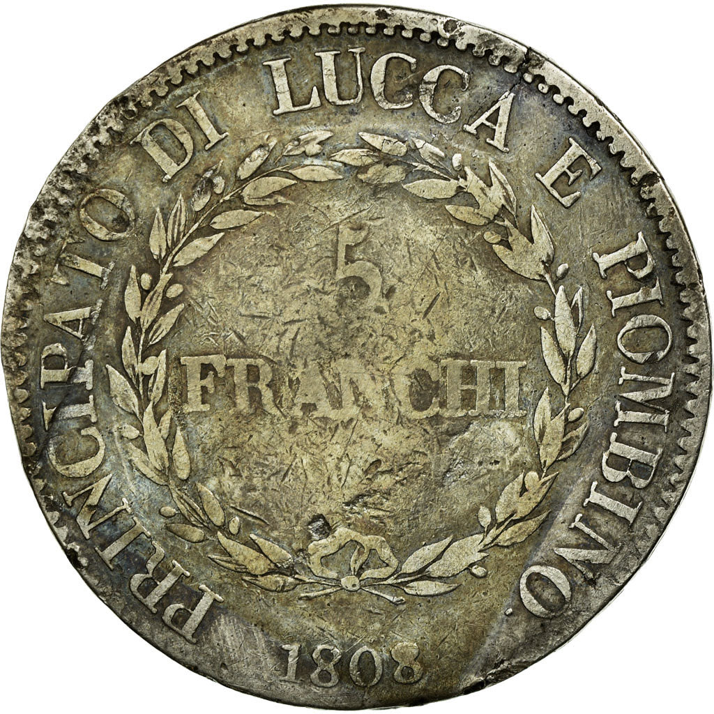 Moneta, STATI ITALIANI, LUCCA, Felix and Elisa, 5 Franchi, 1808, Firenze, B+