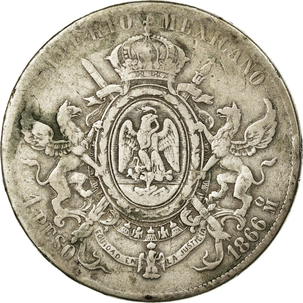 Moneta, Messico, Maximilian, Peso, 1866, Mexico City, B+, Argento, KM:388.1