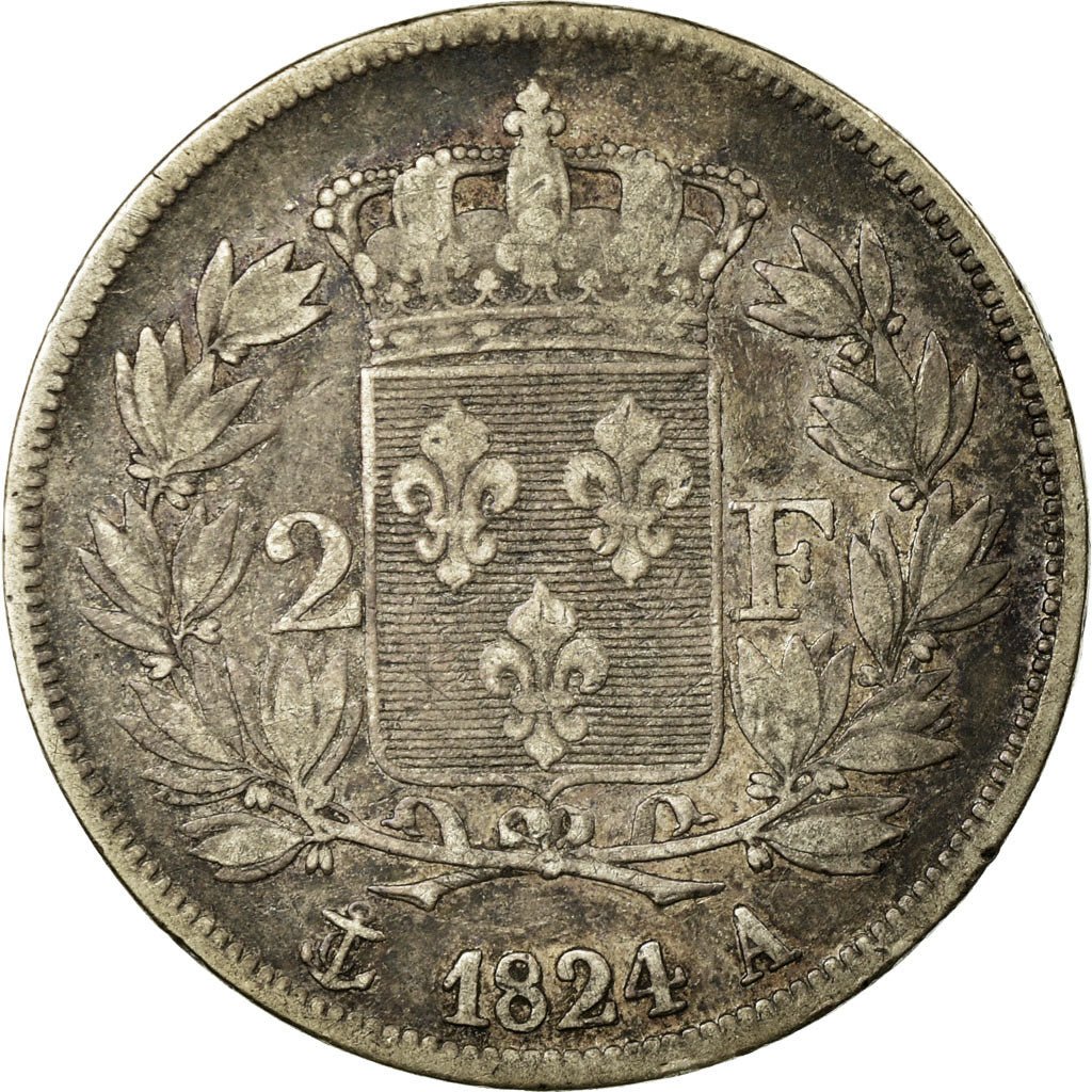Moneda, Francia, Louis XVIII, Louis XVIII, 2 Francs, 1824, Paris, BC+, Plata