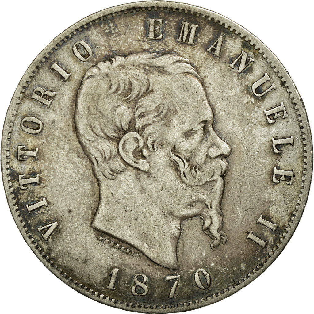 Moeda, Itália, Vittorio Emanuele II, 5 Lire, 1870, Milan, VF(20-25), Prata