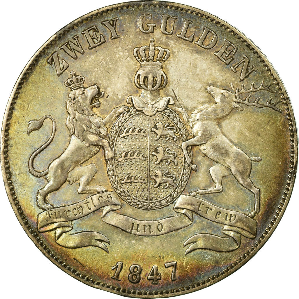 Coin, German States, WURTTEMBERG, Wilhelm I, 2 Gulden, 1847, EF(40-45), Silver