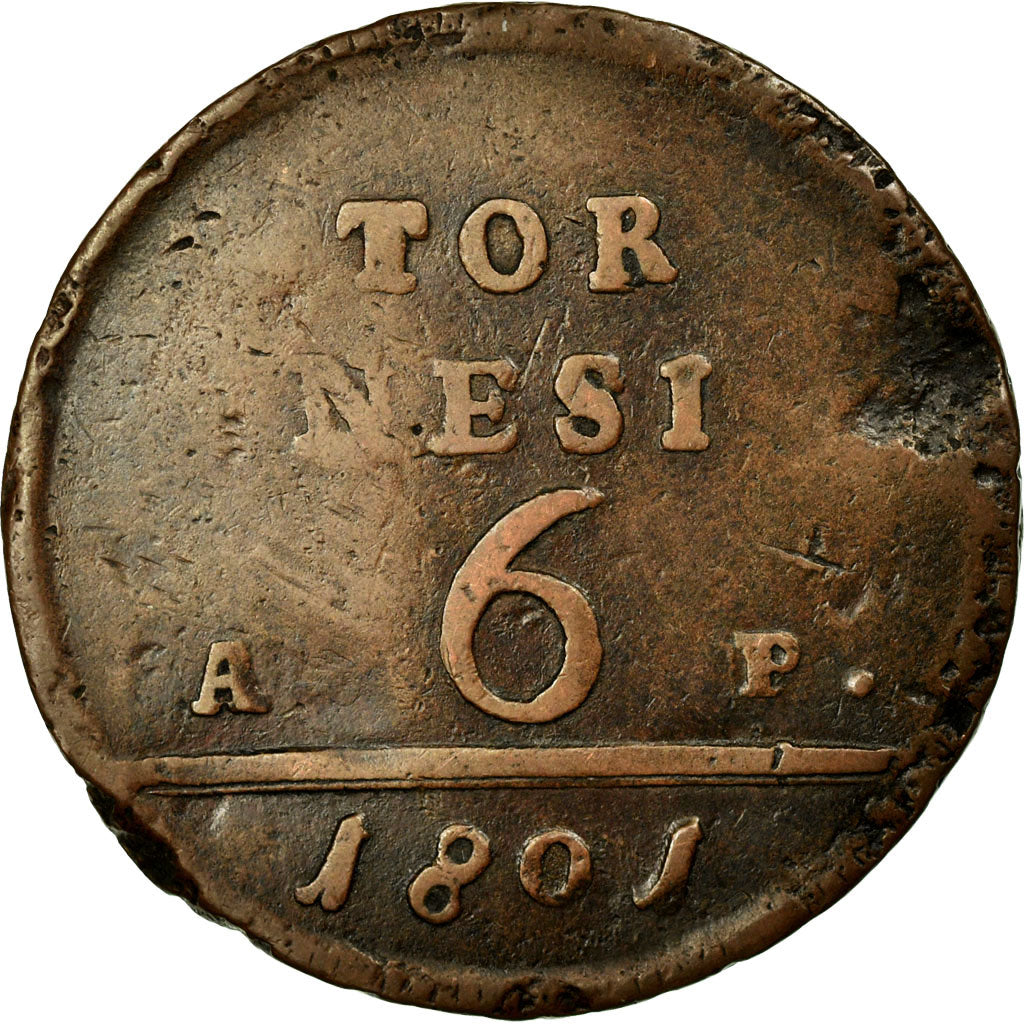 Monnaie, États italiens, NAPLES, Ferdinando IV, 6 Tornesi, 1801, TB+, Cuivre