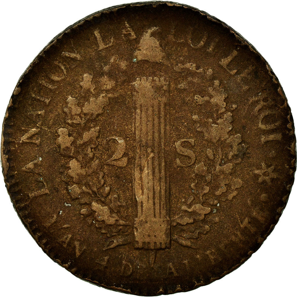 Coin, France, Louis XVI, 2 Sols, 1792, Strasbourg, VF(20-25), Bronze, Gadoury:24