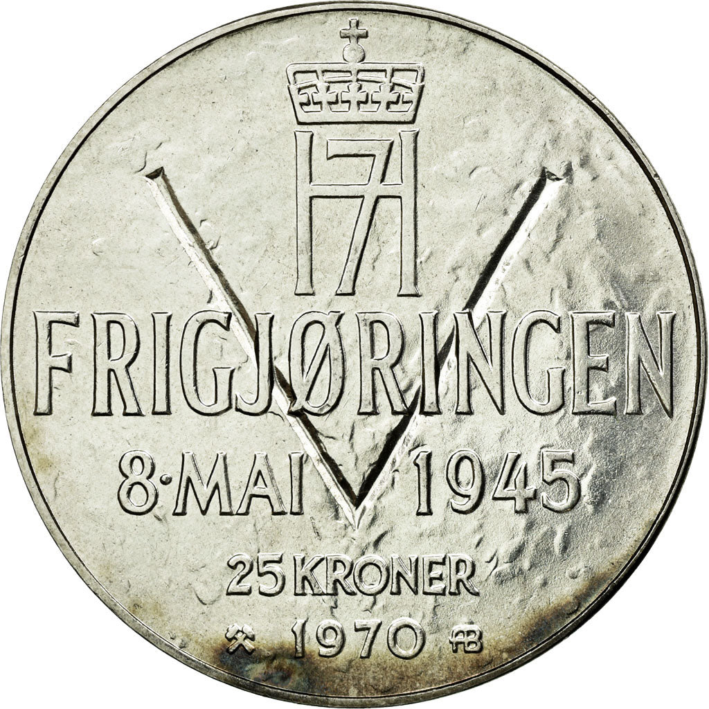 Moneta, Norwegia, Olav V, 25 Kroner, 1970, MS(60-62), Srebro, KM:414