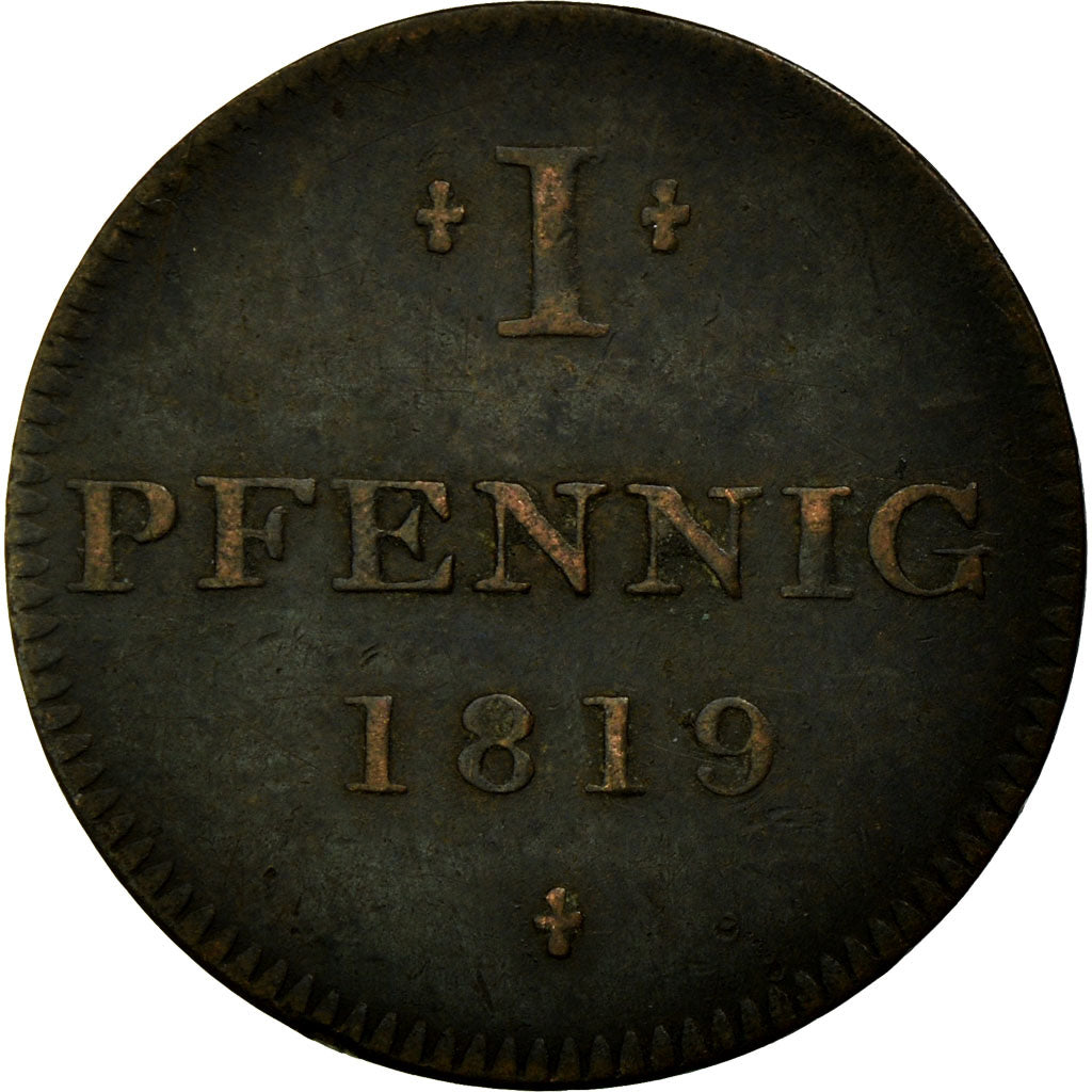 Moneda, Estados alemanes, FRANKFURT AM MAIN, Pfennig, 1819, MBC, Cobre, KM:Tn7
