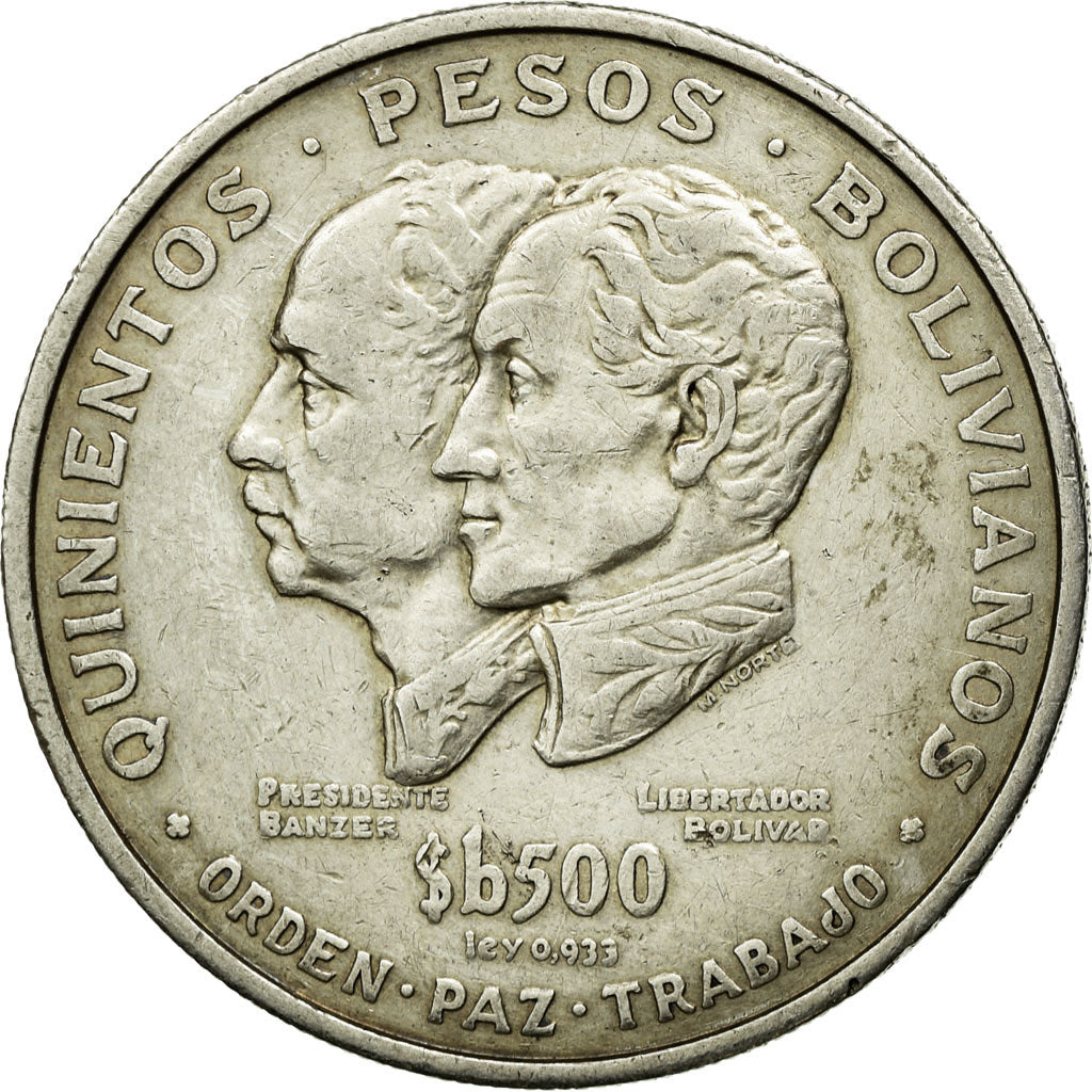 Moneda, Bolivia, 500 Pesos Bolivianos, 1975, MBC+, Plata, KM:196