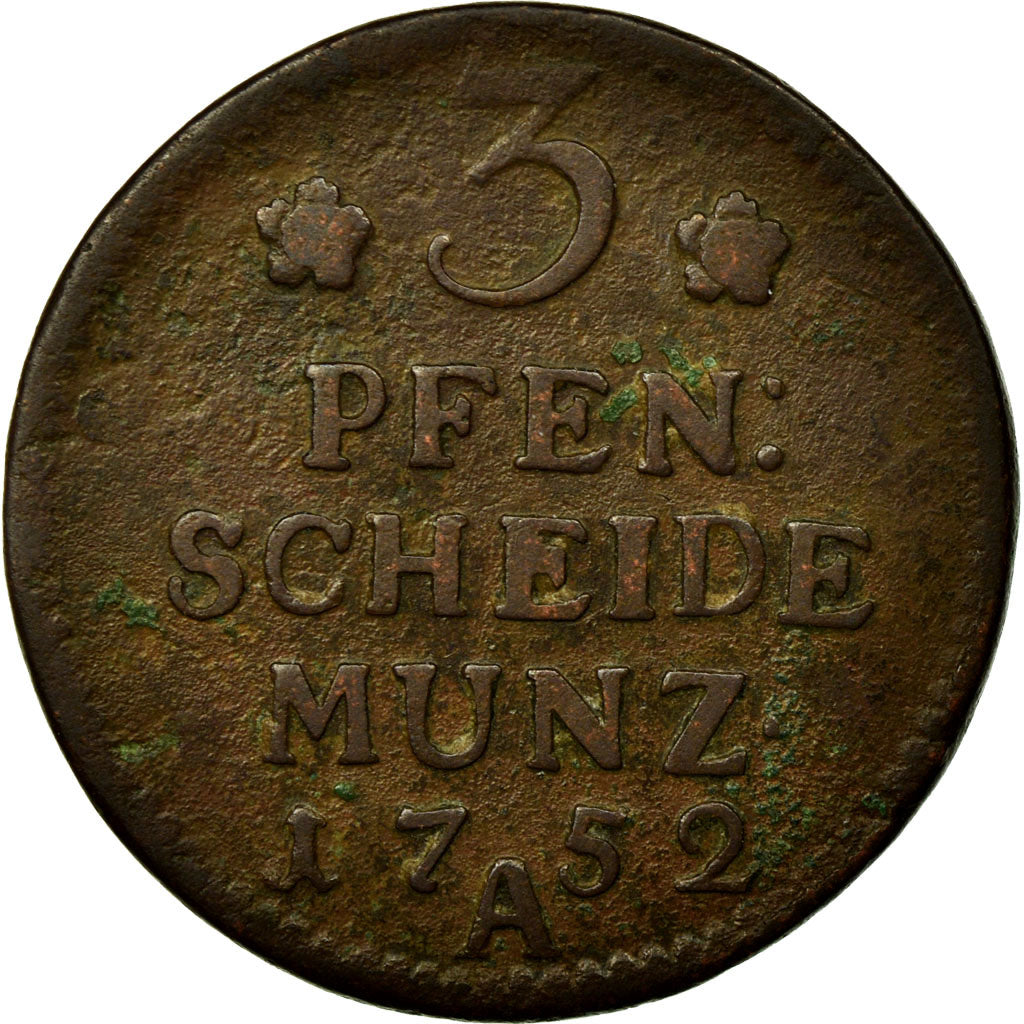 Coin, German States, PRUSSIA, Friedrich II, 3 Pfennig, 1752, VF(30-35), Copper