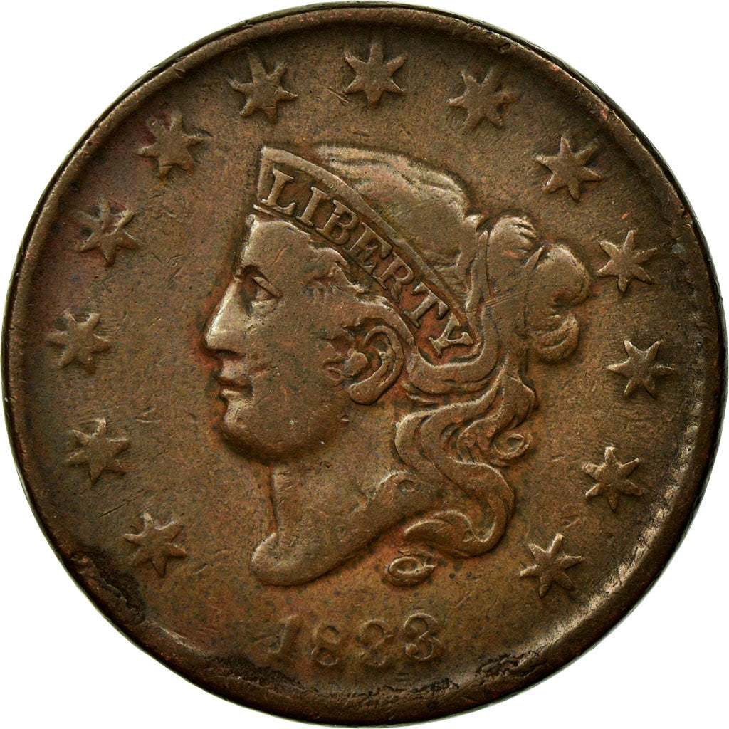 Coin, United States, Coronet Cent, Cent, 1833, U.S. Mint, Philadelphia