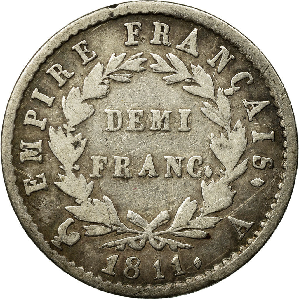 Moneda, Francia, Napoléon I, 1/2 Franc, 1811, Paris, BC+, Plata, KM:691.1