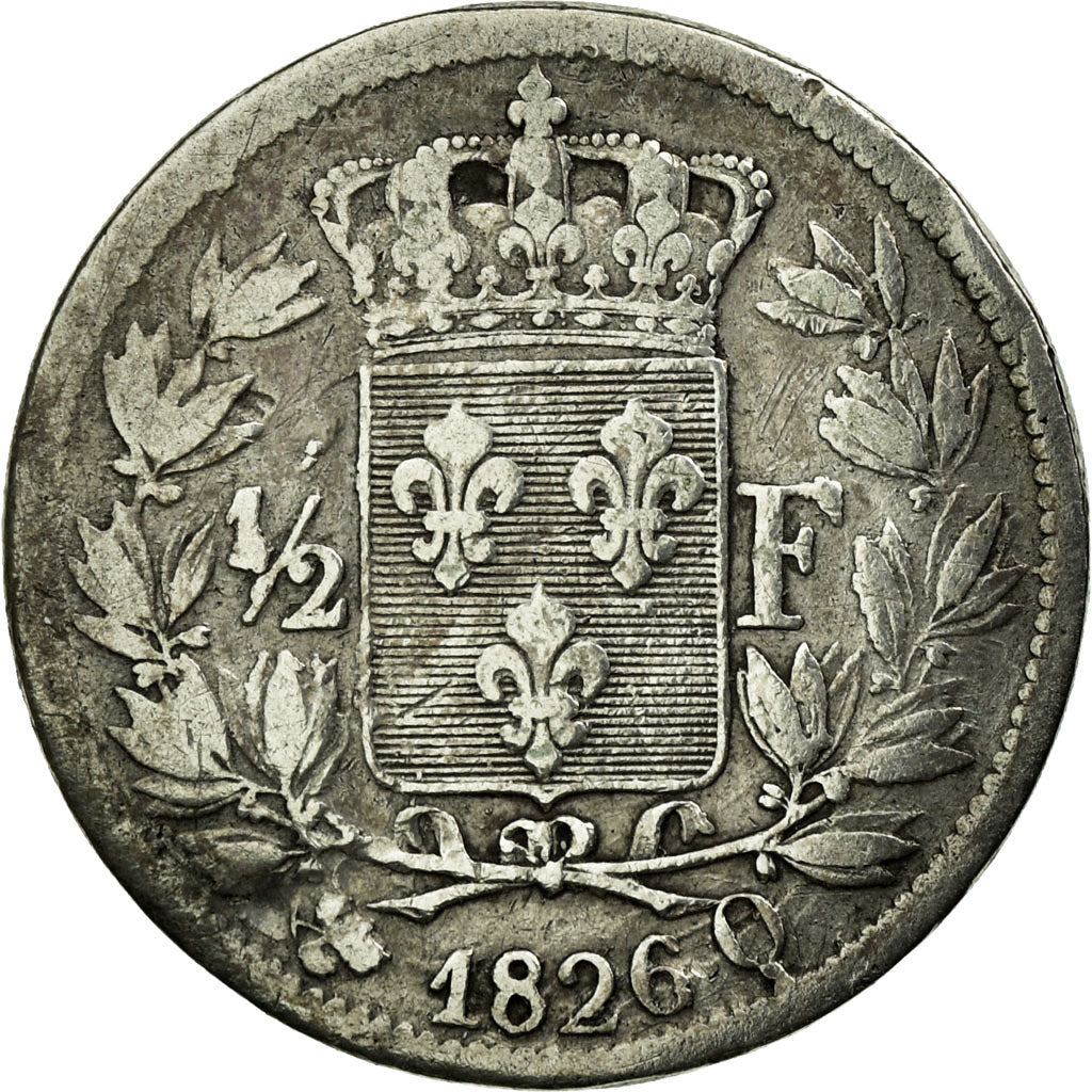 Moneta, Francja, Charles X, 1/2 Franc, 1826, Perpignan, VF(20-25), Srebro