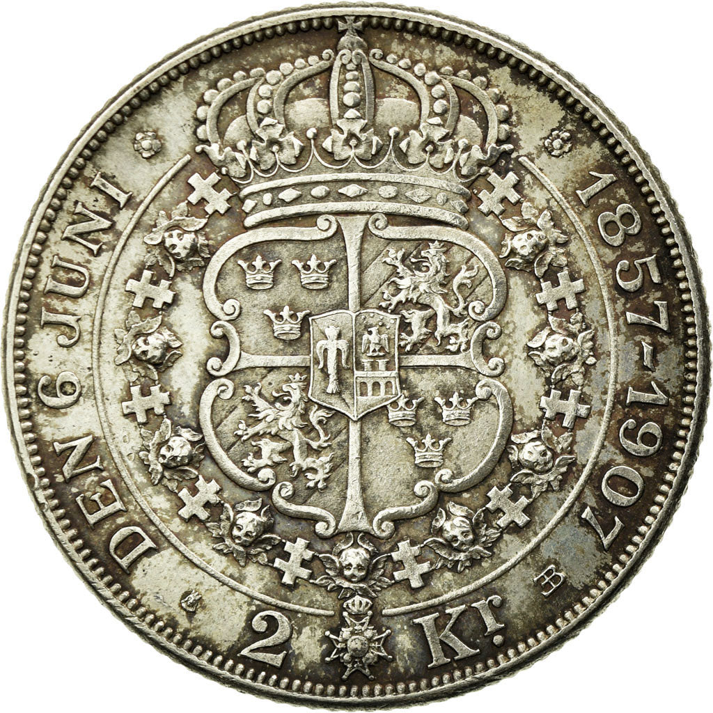 Coin, Sweden, Oscar II, 2 Kronor, 1907, EF(40-45), Silver, KM:776