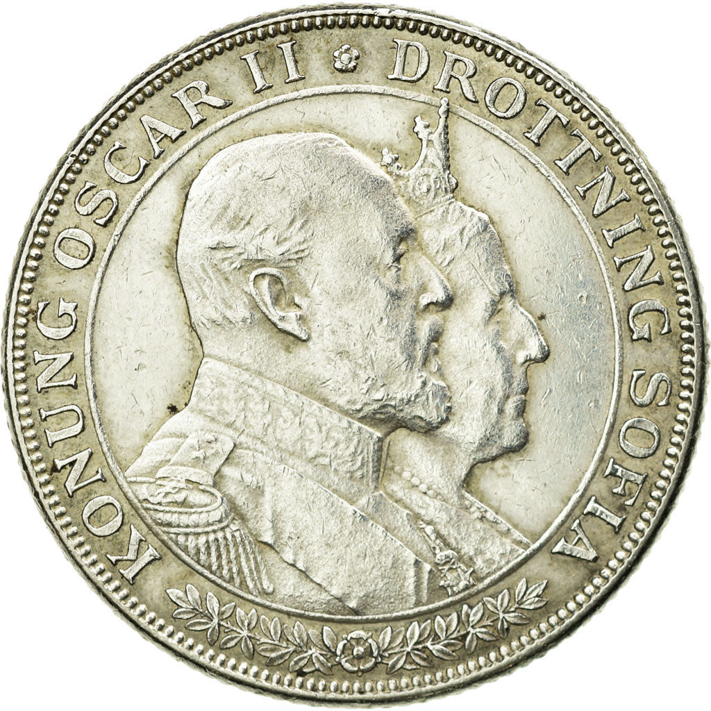 Coin, Sweden, Oscar II, 2 Kronor, 1907, AU(50-53), Silver, KM:776