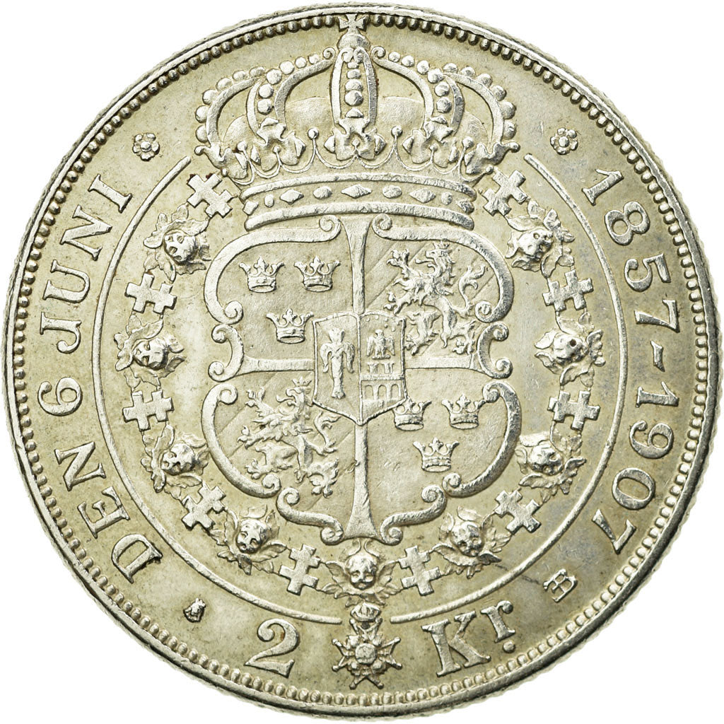 Coin, Sweden, Oscar II, 2 Kronor, 1907, AU(50-53), Silver, KM:776