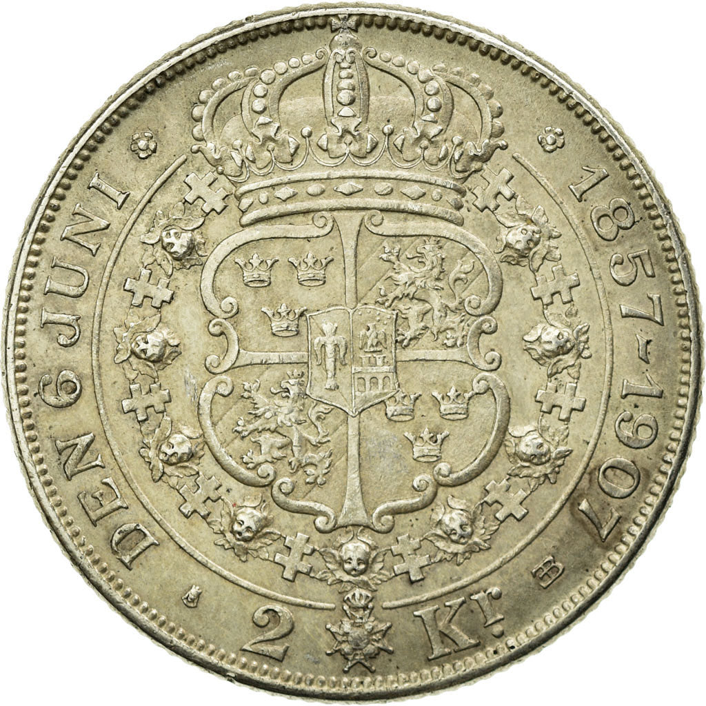 Coin, Sweden, Oscar II, 2 Kronor, 1907, AU(50-53), Silver, KM:776