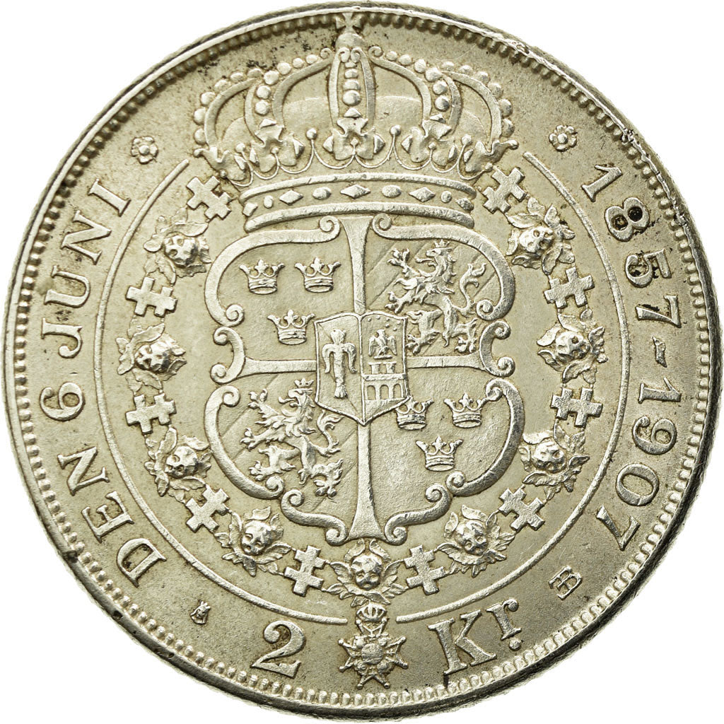 Coin, Sweden, Oscar II, 2 Kronor, 1907, AU(55-58), Silver, KM:776