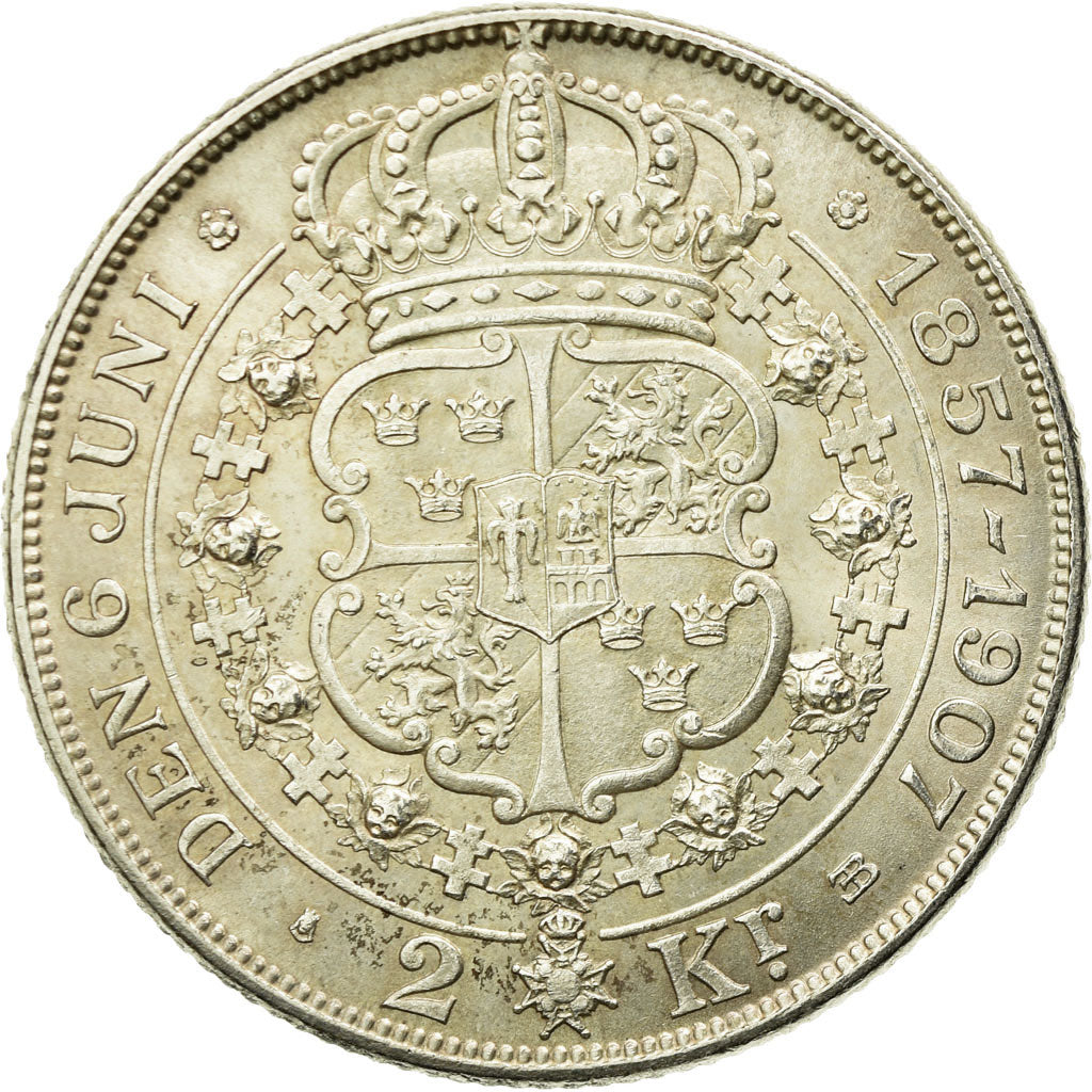 Moneta, Svezia, Oscar II, 2 Kronor, 1907, SPL-, Argento, KM:776