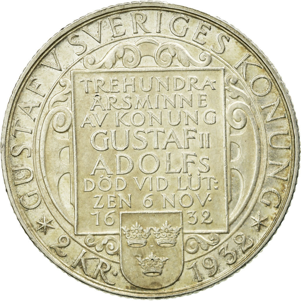 Coin, Sweden, Gustaf V, 2 Kronor, 1932, MS(60-62), Silver, KM:805