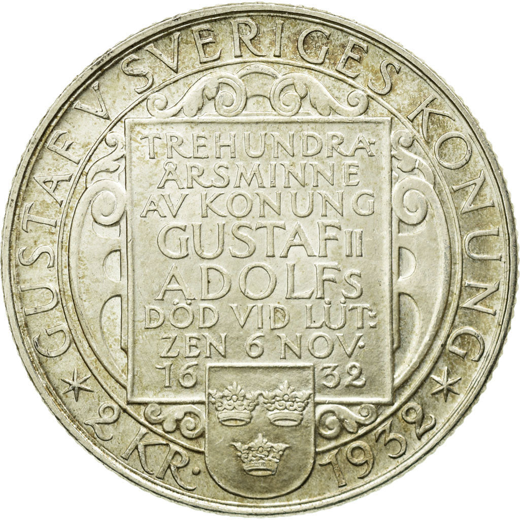 Coin, Sweden, Gustaf V, 2 Kronor, 1932, MS(60-62), Silver, KM:805