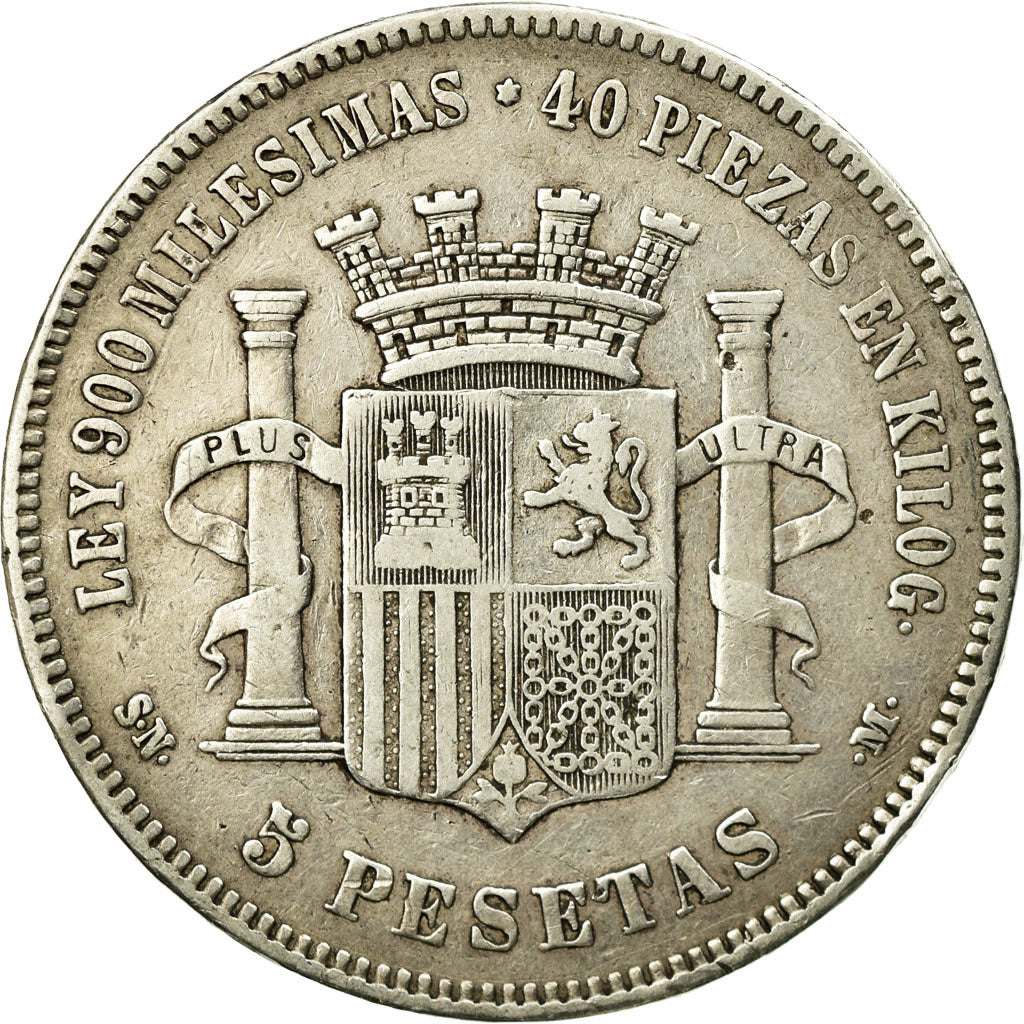 Moneda, España, Provisional Government, 5 Pesetas, 1870, Madrid, BC+, Plata