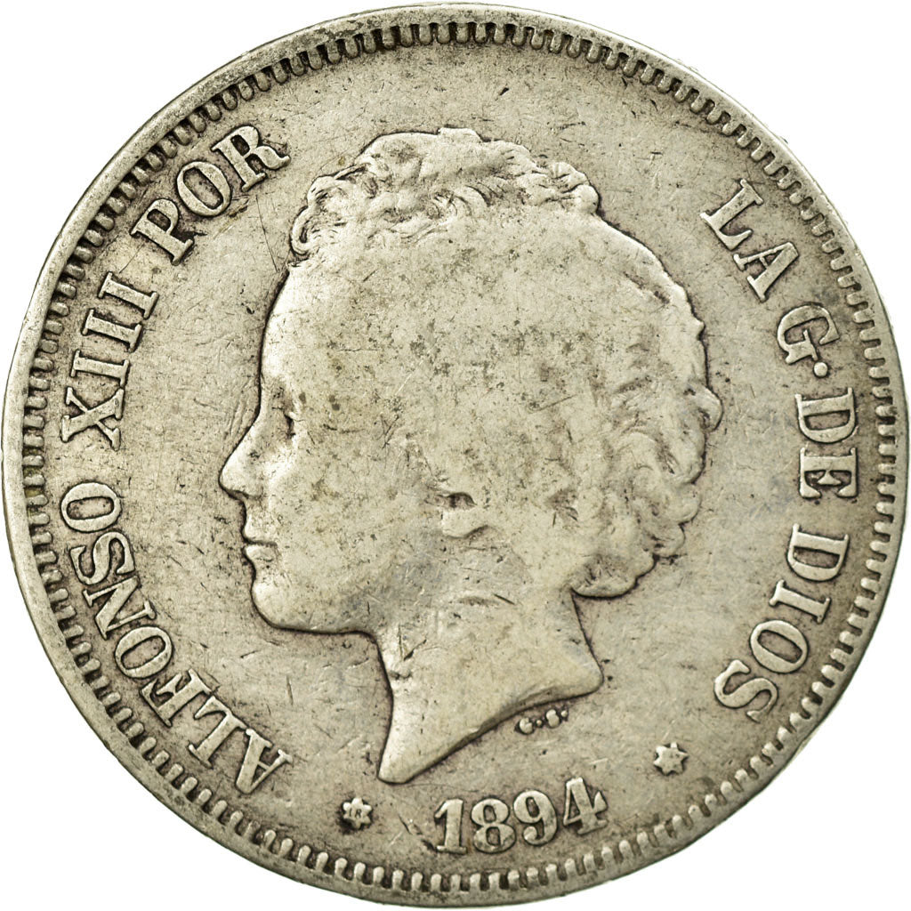 Coin, Spain, Alfonso XIII, 5 Pesetas, 1894, Valencia, VF(20-25), Silver, KM:700