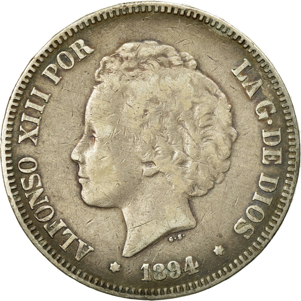Moneta, Spagna, Alfonso XIII, 5 Pesetas, 1894, Valencia, MB, Argento, KM:700