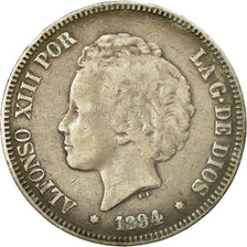 Moneta, Spagna, Alfonso XIII, 5 Pesetas, 1894, Valencia, MB, Argento, KM:700