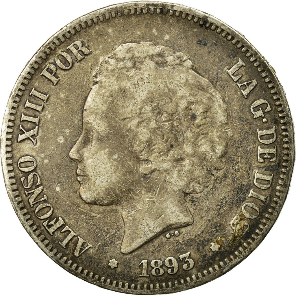 Moneta, Spagna, Alfonso XIII, 5 Pesetas, 1893, Madrid, MB+, Argento, KM:700