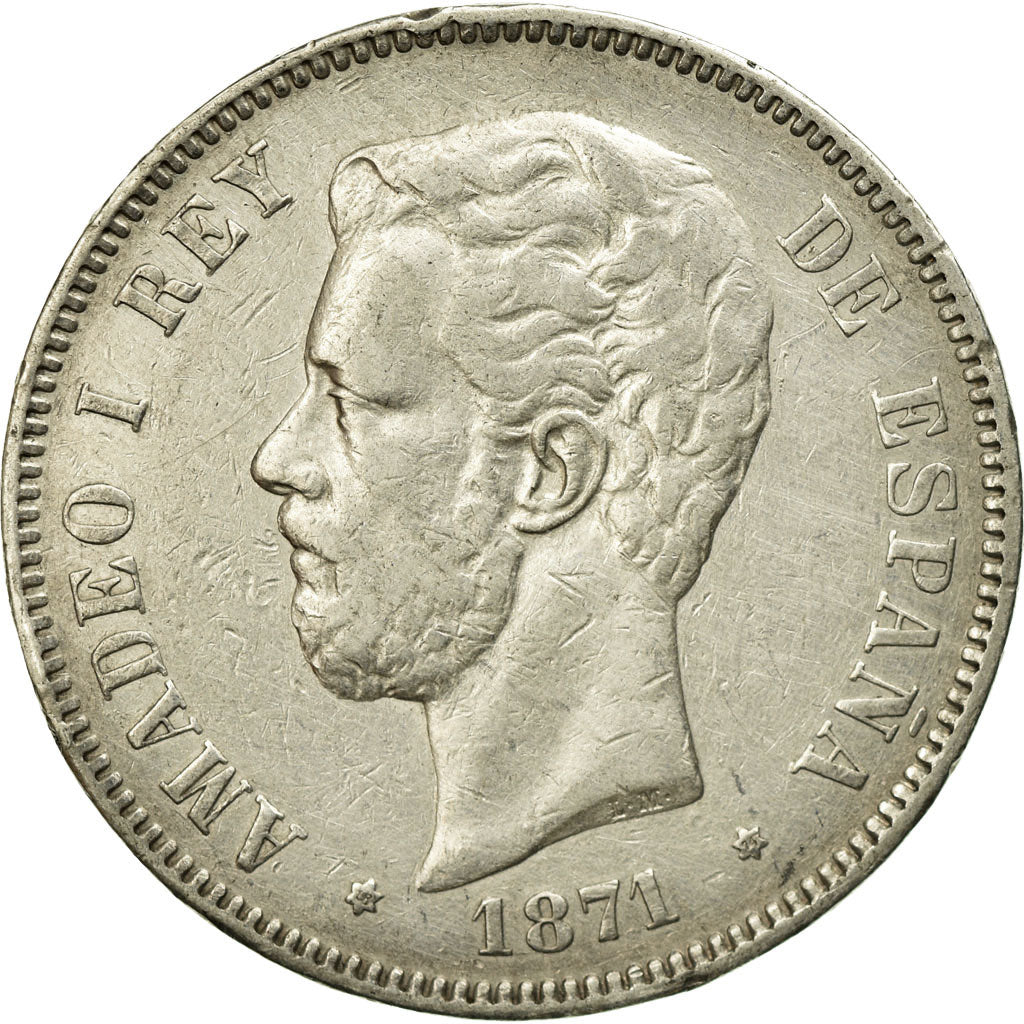 Moneta, Spagna, Amadeao I, 5 Pesetas, 1871, Madrid, BB, Argento, KM:666