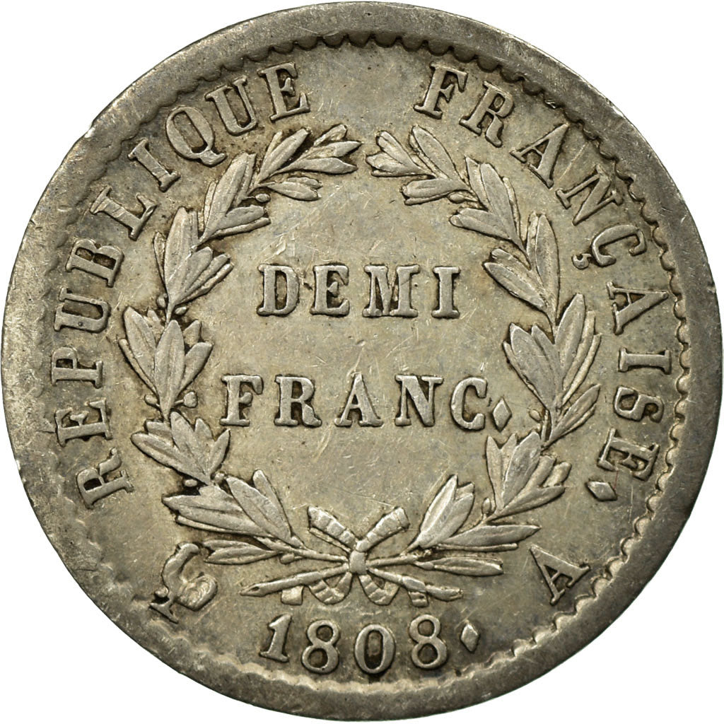 Coin, France, Napoléon I, 1/2 Franc, 1808, Paris, VF(30-35), Silver, KM:680.1