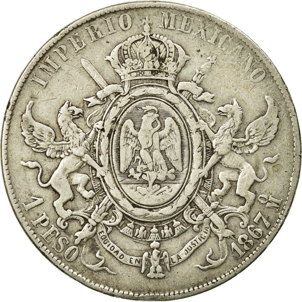 Coin, Mexico, Maximilian, Peso, 1867, Mexico City, VF(30-35), Silver, KM:388.1