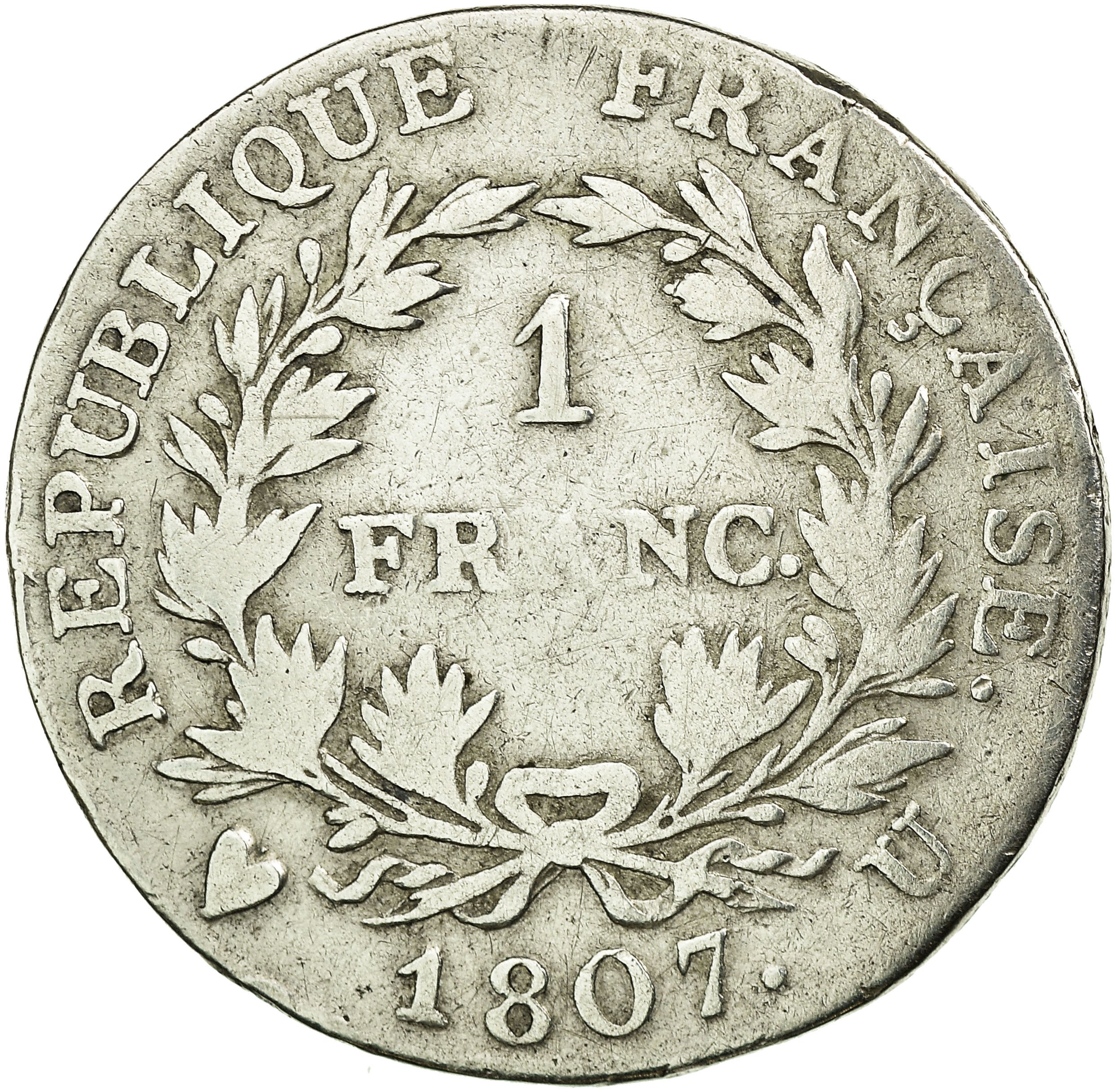 Coin, France, Napoléon I, Franc, 1807, Torino, Very rare, F(12-15), Silver