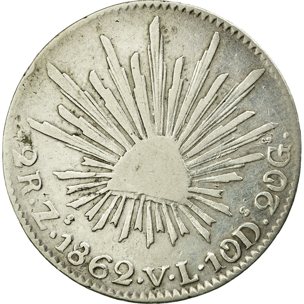 Moneta, Messico, 2 Reales, 1862, Zacatecas, MB, Argento, KM:374.12