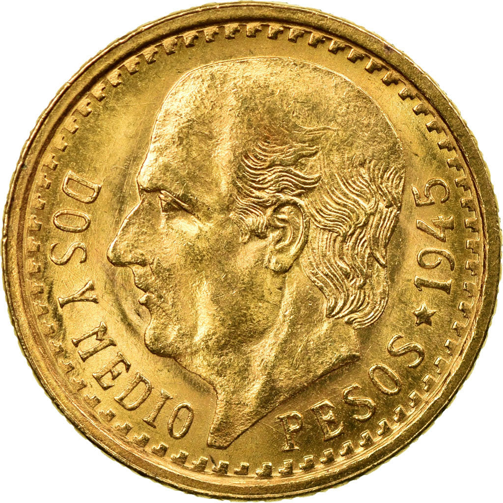 Coin, Mexico, 2-1/2 Pesos, 1945, Mexico City, AU(55-58), Gold, KM:463