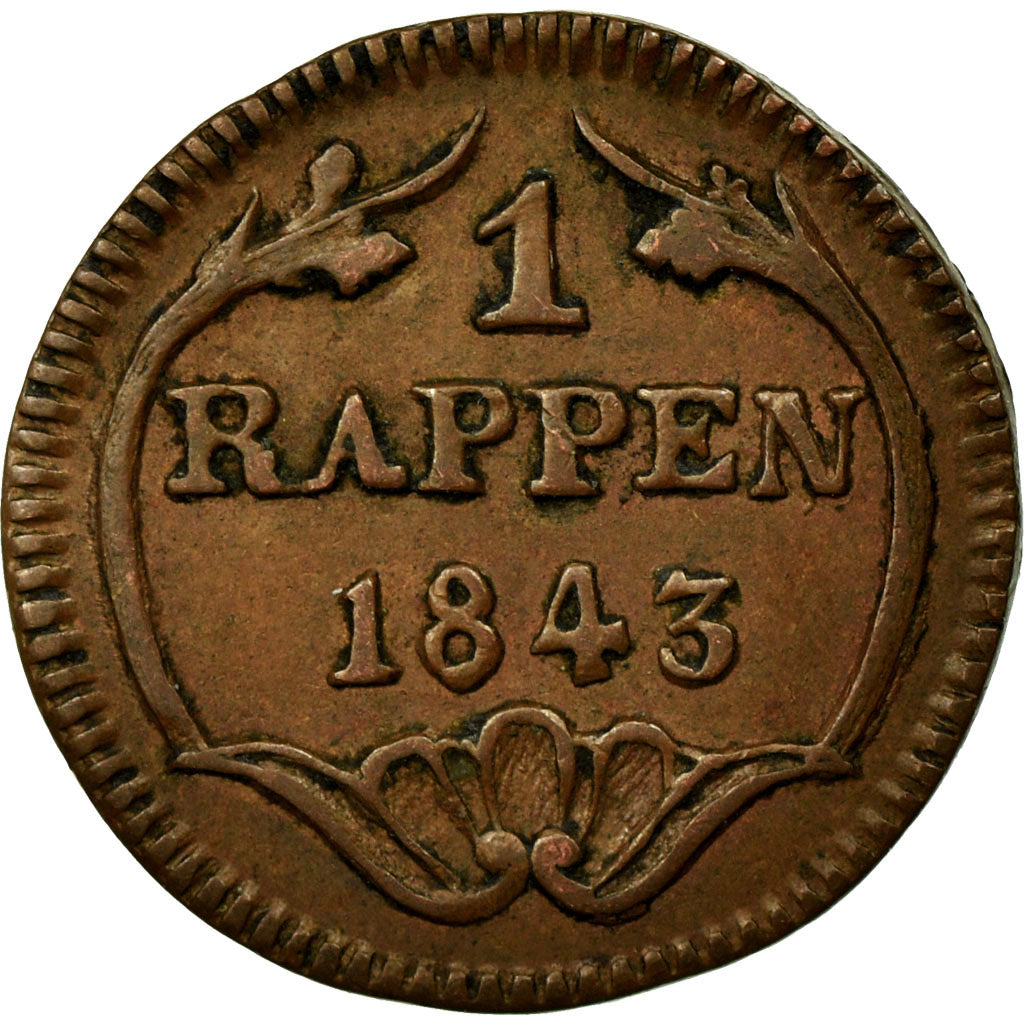 Coin, SWISS CANTONS, SCHWYZ, Rappen, 1843, AU(50-53), Copper, KM:65