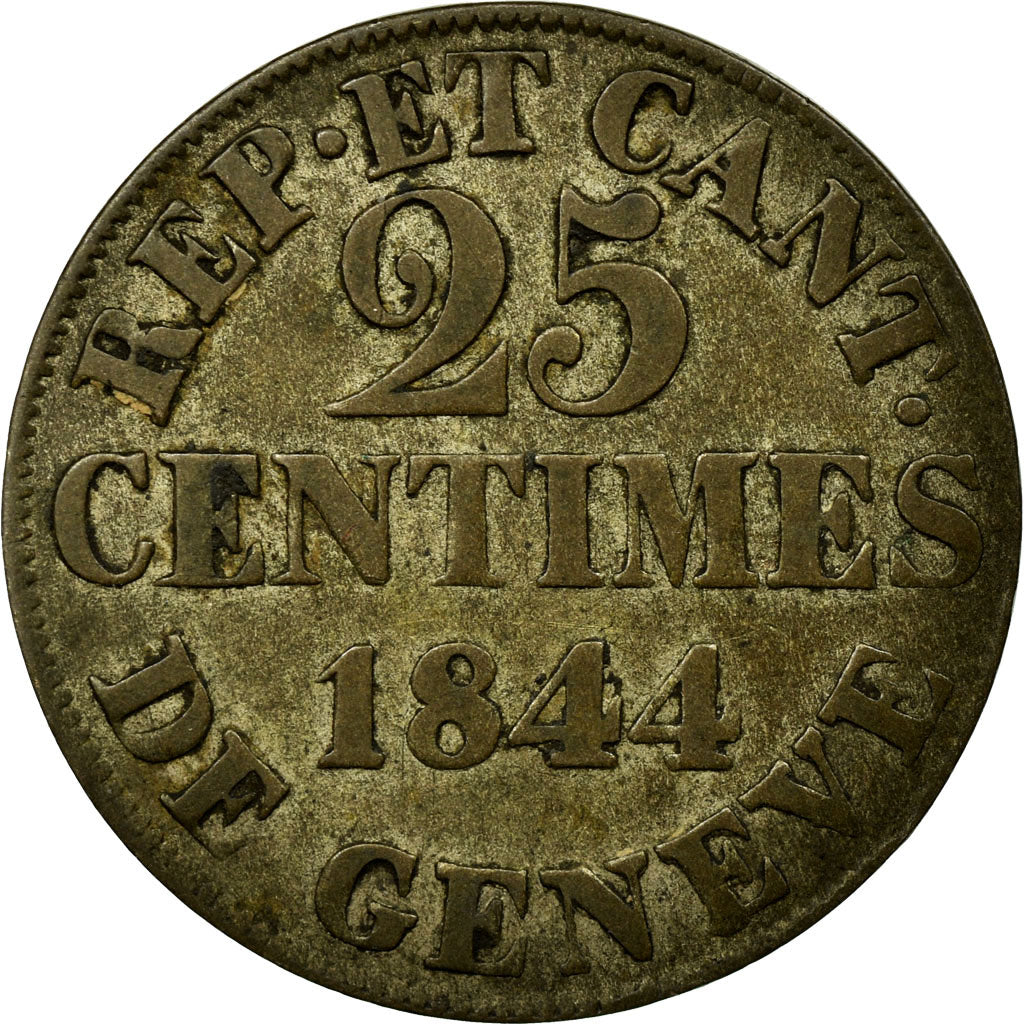 Coin, SWISS CANTONS, GENEVA, 25 Centimes, 1844, Genève, AU(50-53), Billon