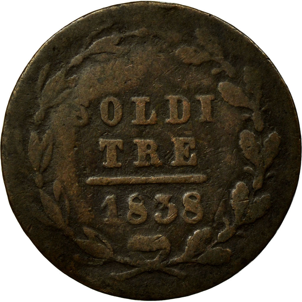 Coin, SWISS CANTONS, TICINO, 3 Soldi, 1838, VF(20-25), Billon, KM:2