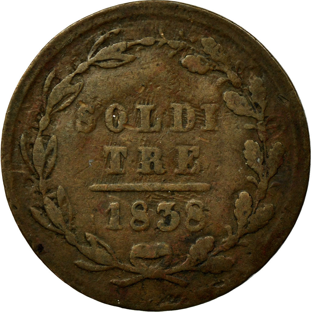 Coin, SWISS CANTONS, TICINO, 3 Soldi, 1838, VF(20-25), Billon, KM:2