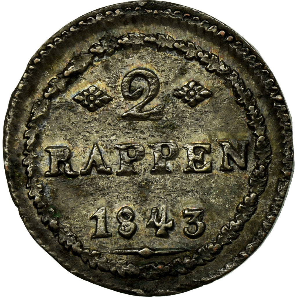 Coin, SWISS CANTONS, SCHWYZ, 2 Rappen, 1843, MS(60-62), Billon, KM:62