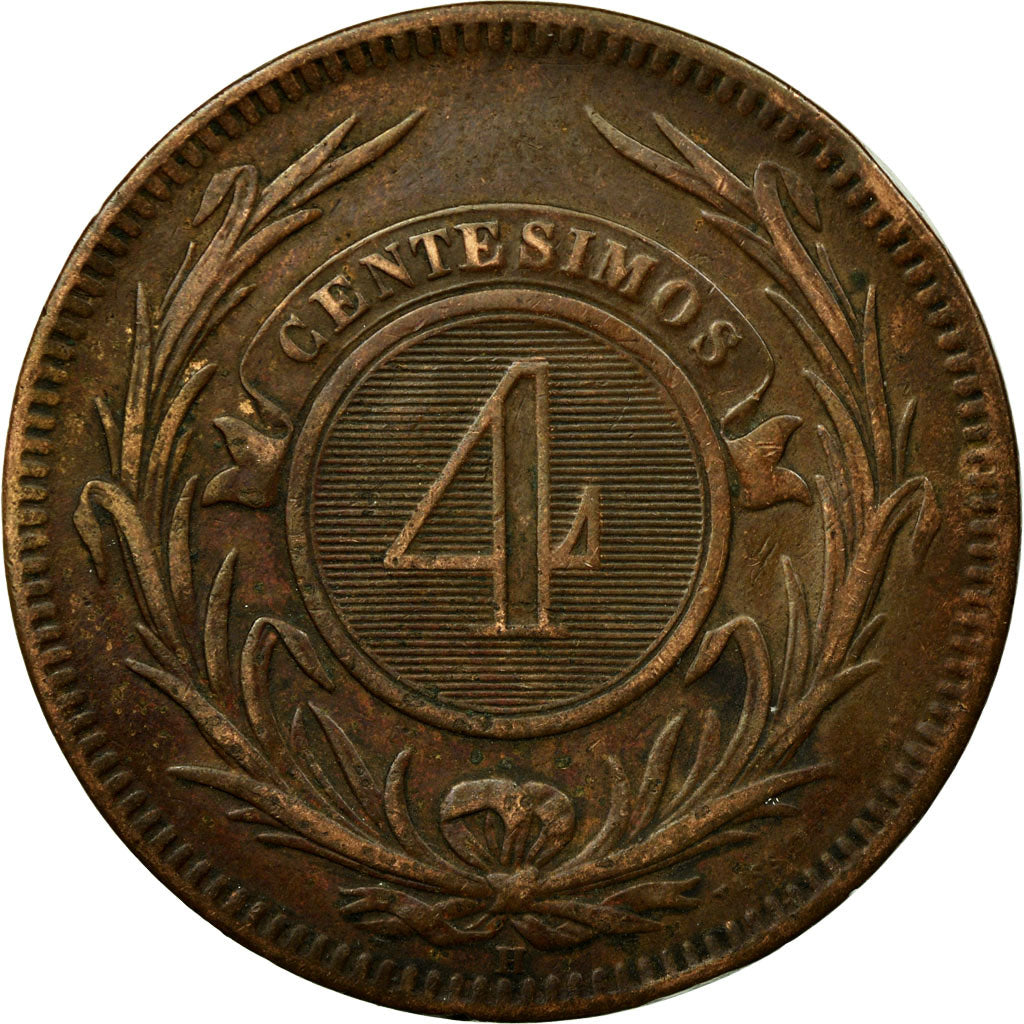 Coin, Uruguay, 4 Centesimos, 1869, Uruguay Mint, Birmingham, AU(50-53), Bronze