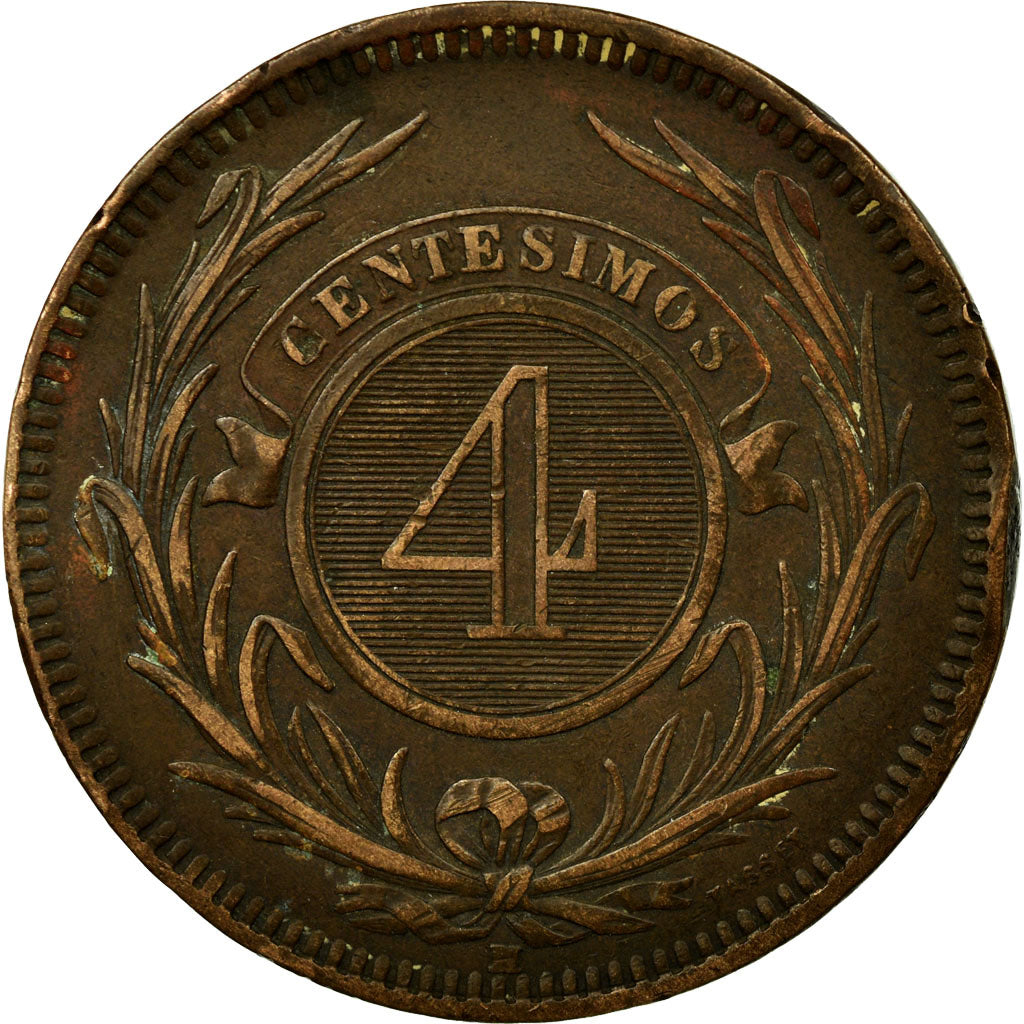 Coin, Uruguay, 4 Centesimos, 1869, Uruguay Mint, Birmingham, AU(50-53), Bronze