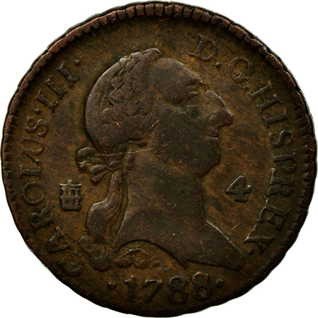Coin, Spain, Charles III, 4 maravedis, 1788, Segovia, EF(40-45), Copper