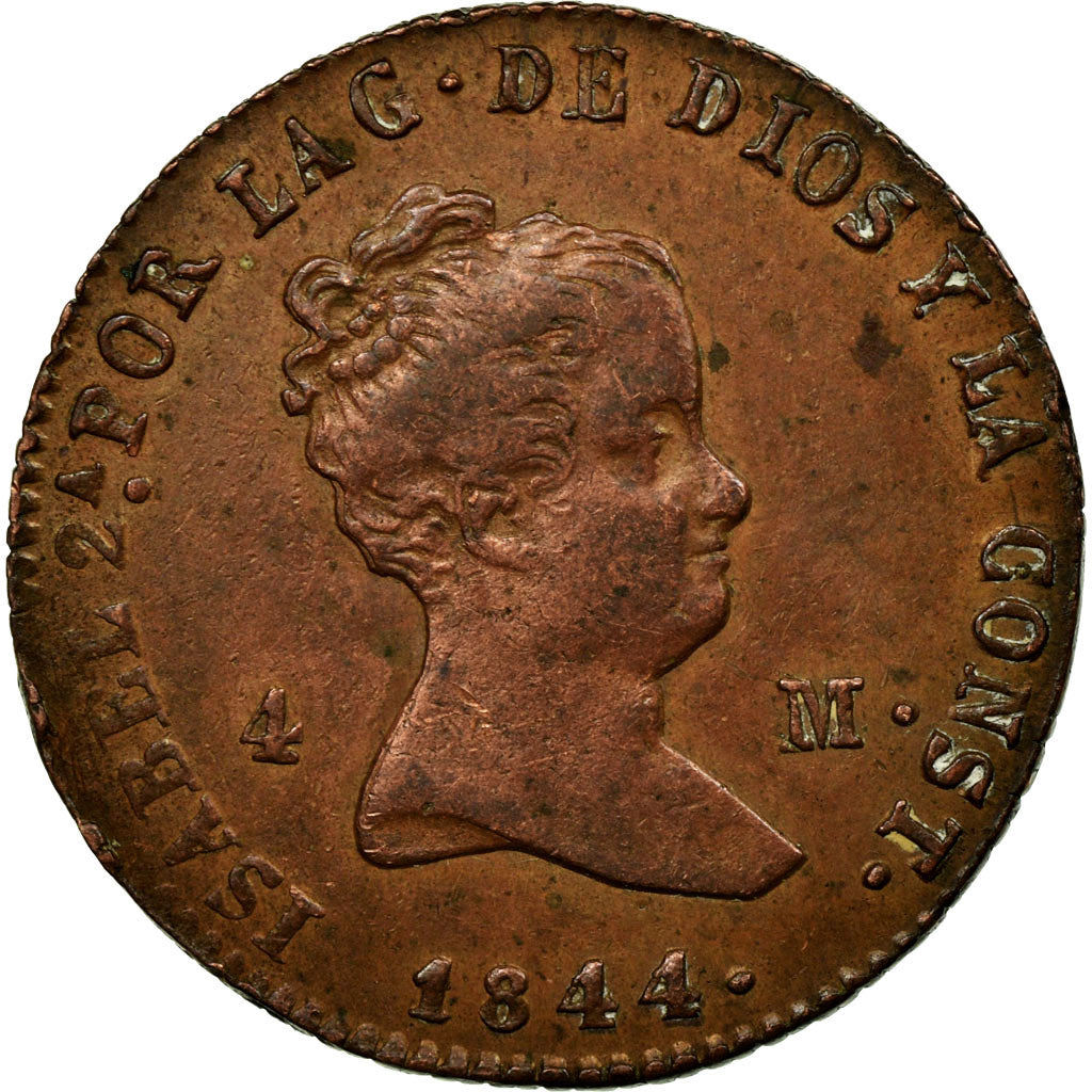 Moneda, España, Isabel II, 4 maravedis, 1844, Segovia, MBC+, Cobre, KM:530.3