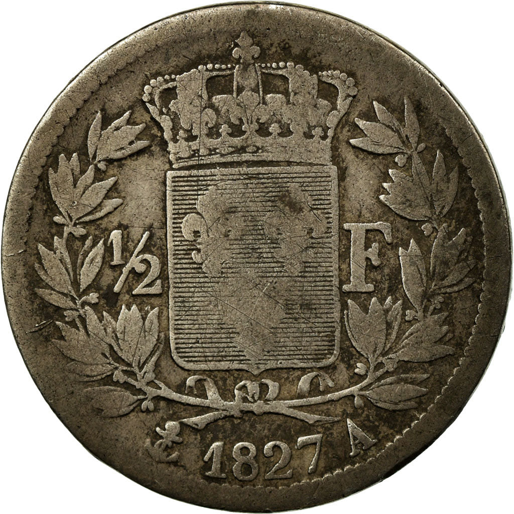 Moneta, Francia, Charles X, 1/2 Franc, 1827, Paris, MB, Argento, KM:723.1