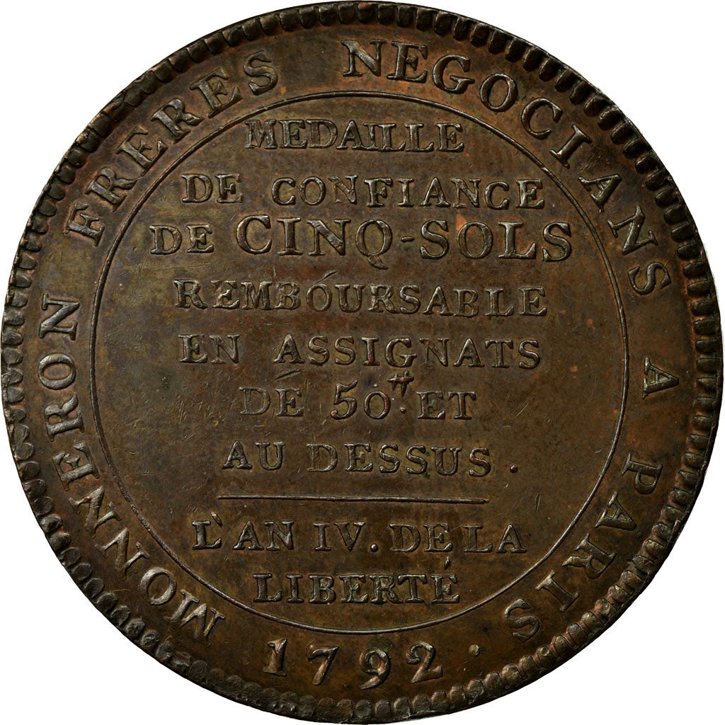 Moeda, França, Monneron, 5 Sols, 1790, Paris, AU(50-53), Bronze