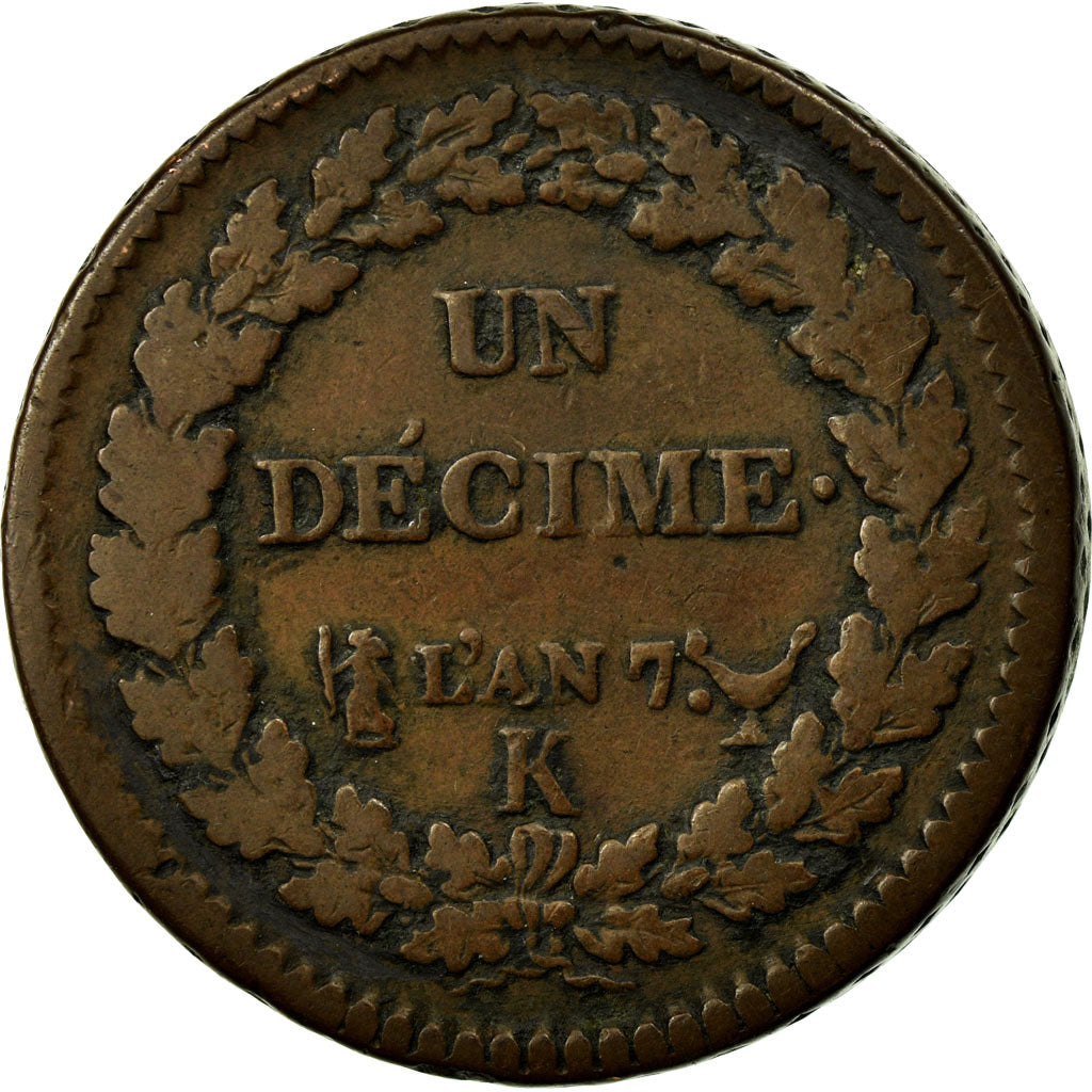 Coin, France, Dupré, Decime, AN 7, Bordeaux, VF(20-25), Bronze, KM:644.8