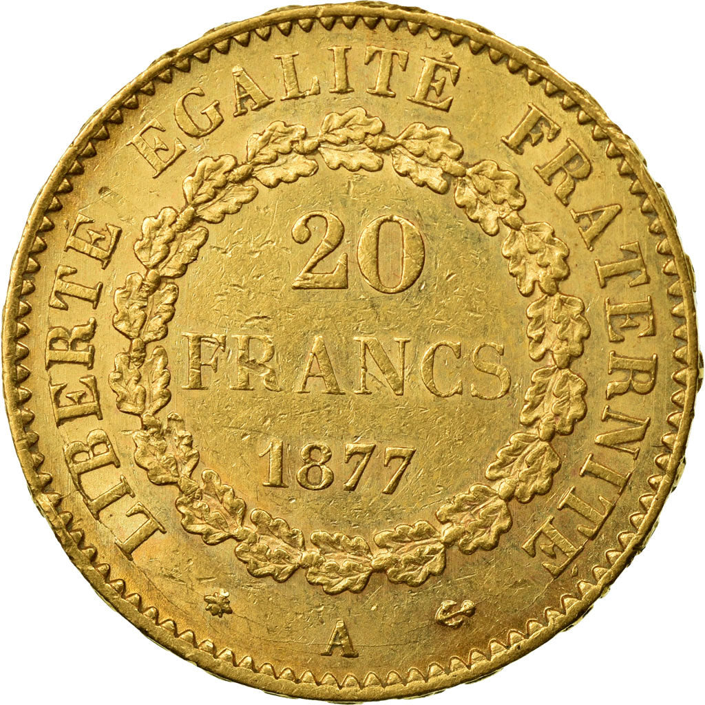 Moneda, Francia, Génie, 20 Francs, 1877, Paris, MBC+, Oro, KM:825, Gadoury:1063